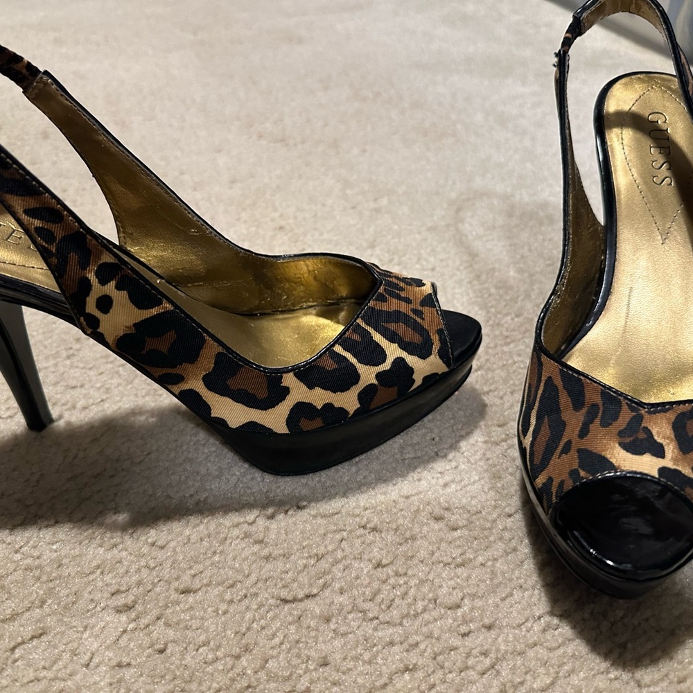 Guess Brown and Black Peep-Toe Slingback Heels